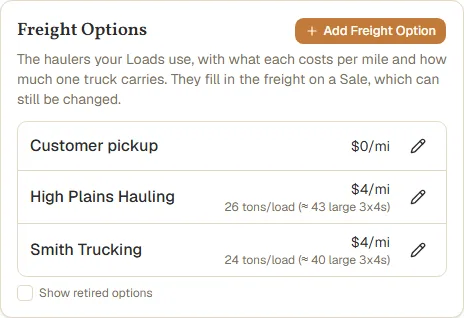 The Freight Options list