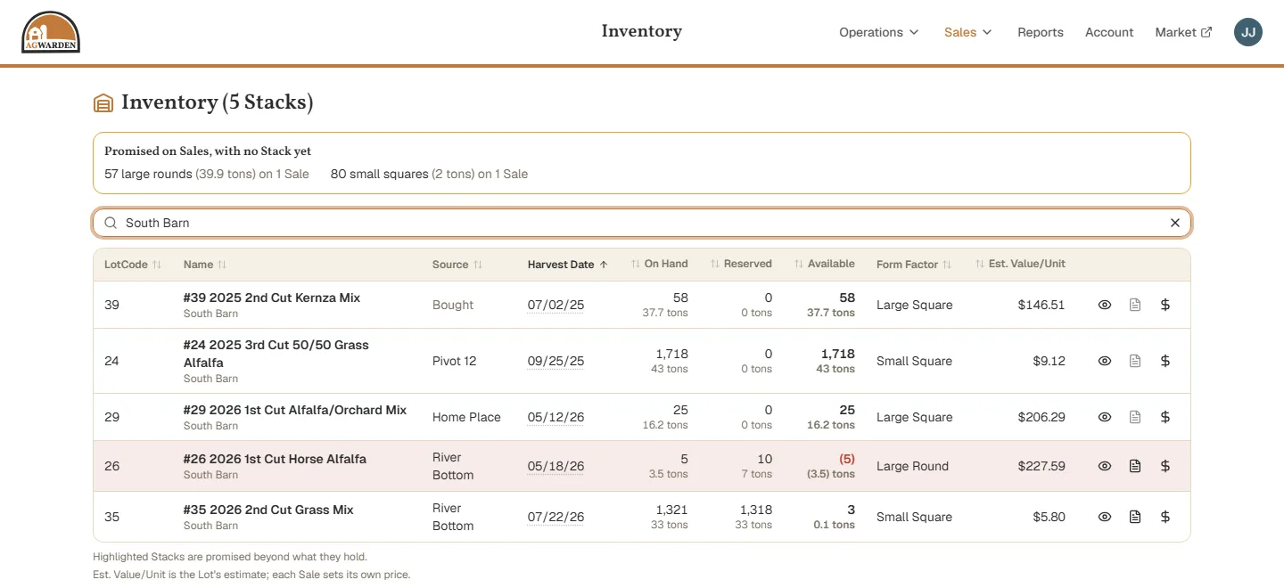 The Inventory page, searched for one shed