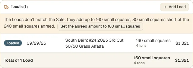 The warning when a Sale's Loads don't match the amount agreed