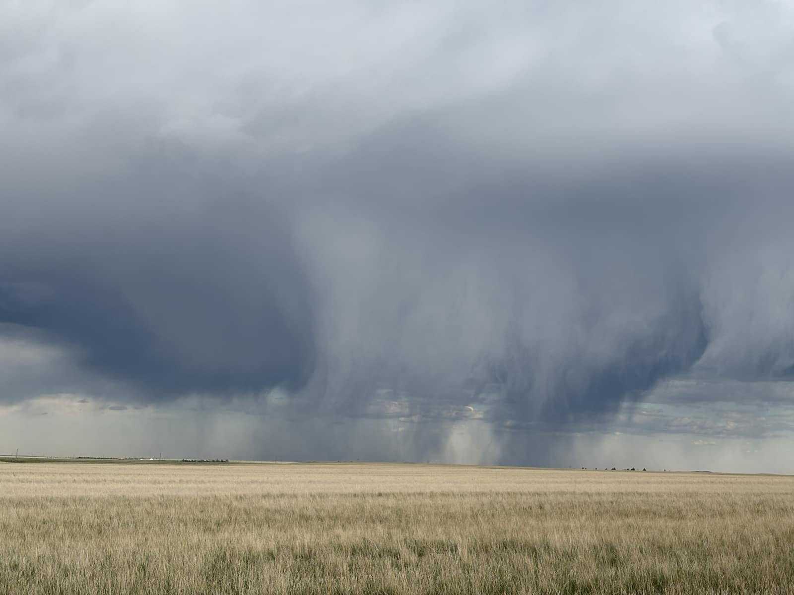 A rainstorm over an open Wyoming field of dry grass