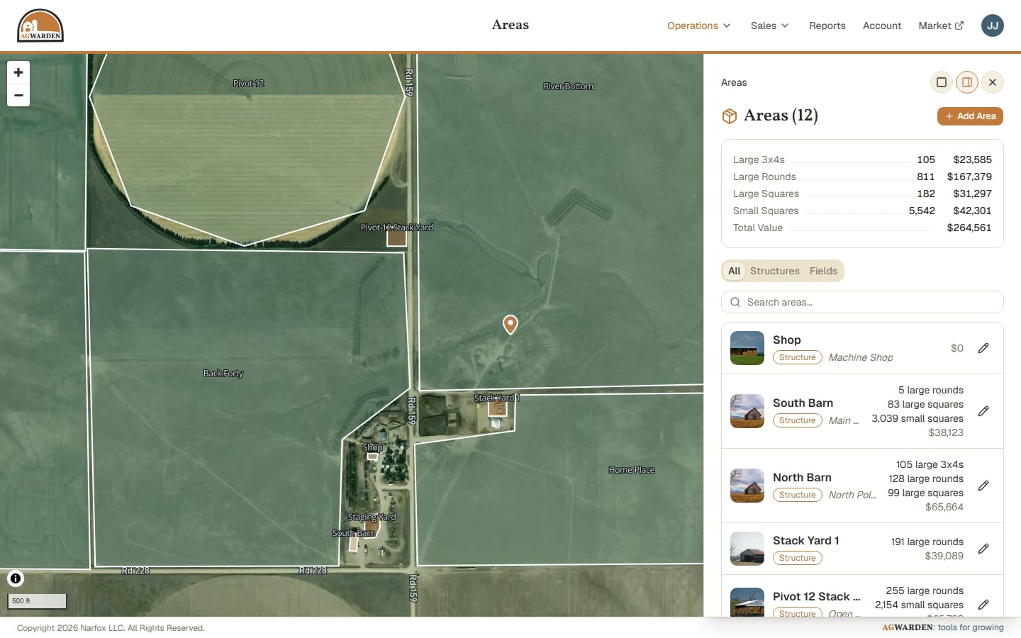 AgWarden's map of fields and sheds, with the hay in each one